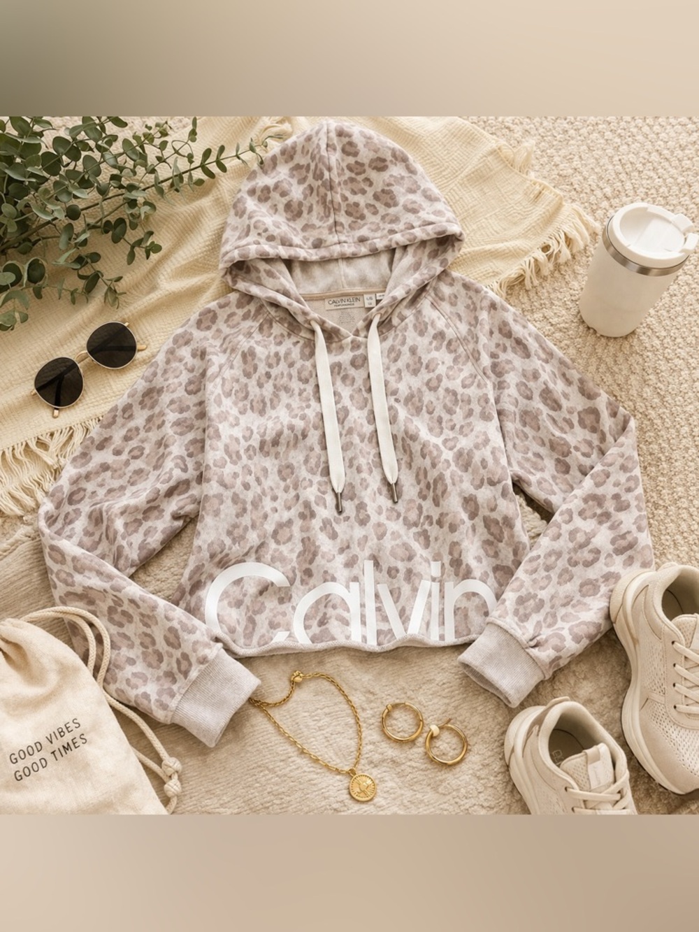 Calvin Klein Performance Leopard Print Cropped Hoodie Size L Neutral Athleisure